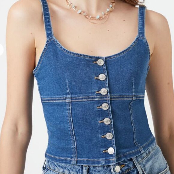 Forever 21 Denim Button-Front Bustier Cami Size Large - Picture 1 of 6